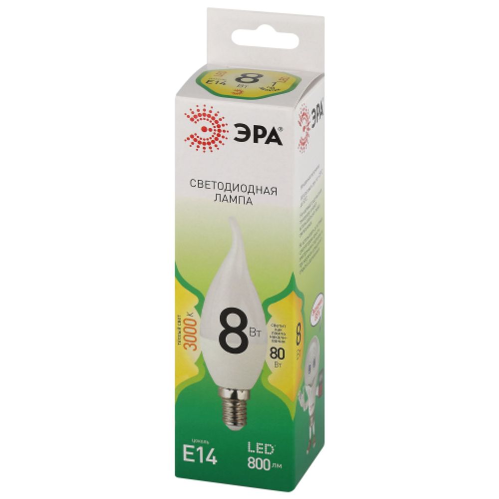 Лампа светодиодная ЭРА GREEN LINE LED BXS-8W-830-E14 GL 8Вт свеча на ветру теплый свет E14 | Лампы cветодиодные Свеча (B/C)