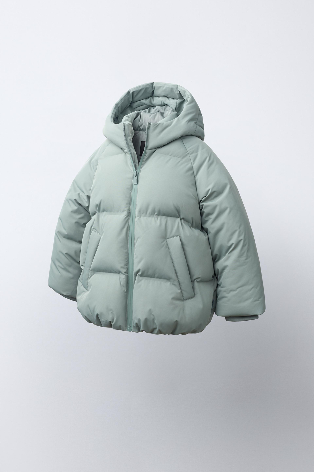 ZARA СТЕГАНОЕ ПАЛЬТО С КАПЮШОНОМ WATER REPELLENT, СВЕТЛО-ЗЕЛЕНЫЙ
