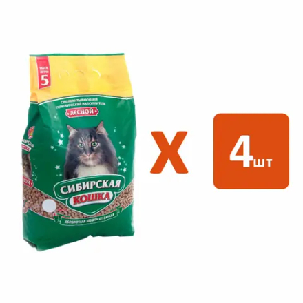 Наполнитель СИБИРСКАЯ КОШКА Лесной древесный, 5 л - 4 шт