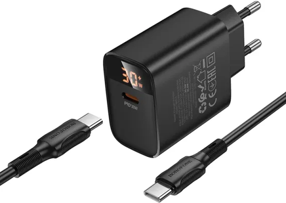 Adapter / Адаптер Сетевое зарядное устройство для Borofone BA97A Ilustre single-port PD30W Charger with digital display set C to C EU Black
