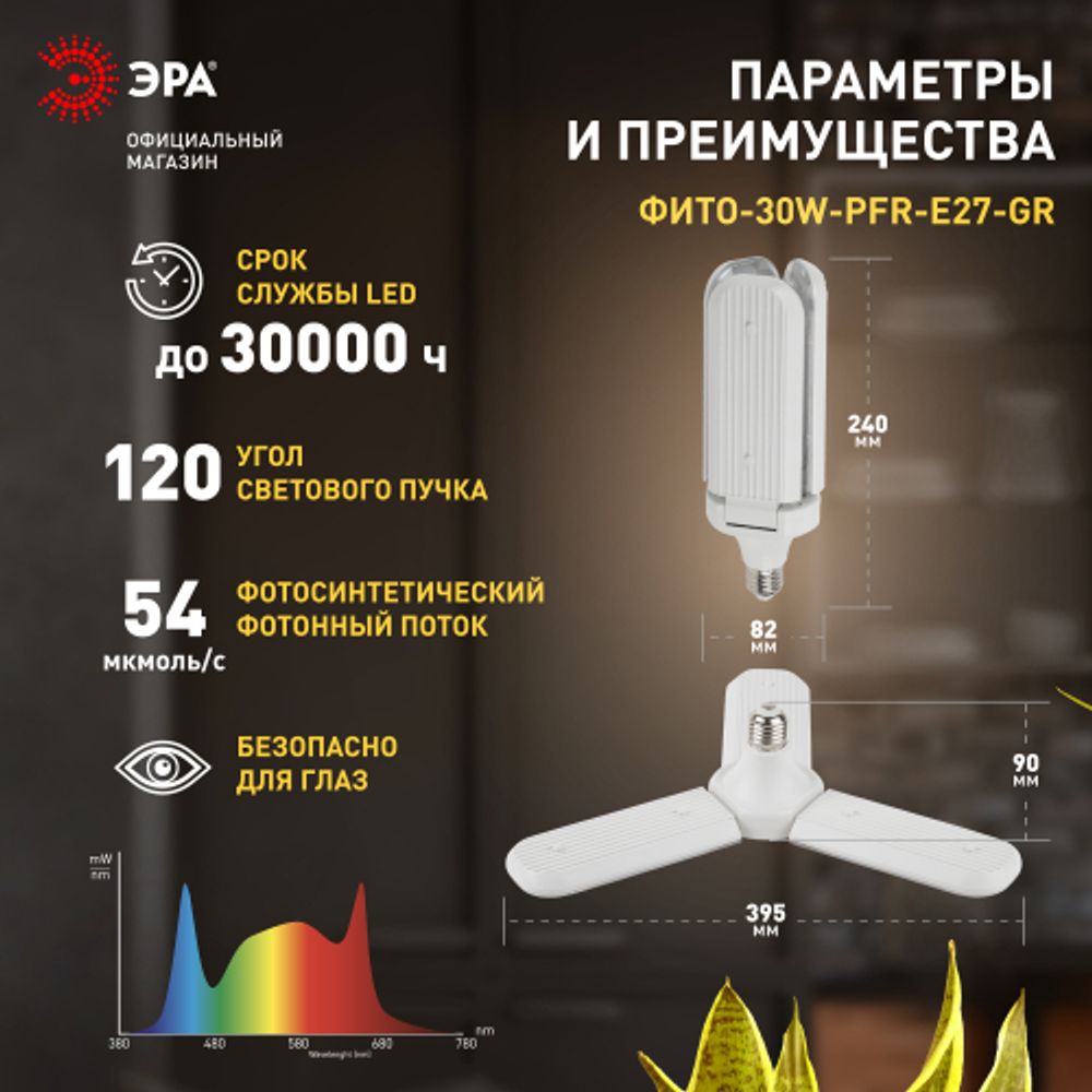 Фитолампа для растений светодиодная ЭРА GREEN LINE ФИТО-30W-PFR-E27-GR 3-х лепестковая полного спектра 30 Вт Е27 | Фитолампы Е27
