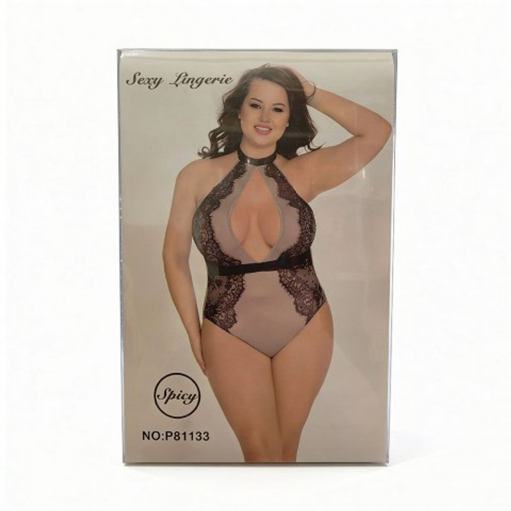 Тедди с ажурной вставкой и чокером, plus size