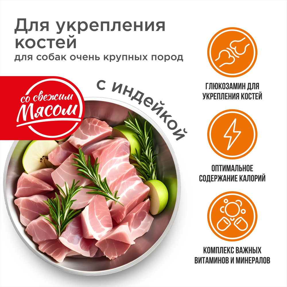 Корм сухой для взрослых собак очень крупных пород, премиум полнорационный комплекс, для укрепления костей у собак, с индейкой, 12 кг, QUATTRO