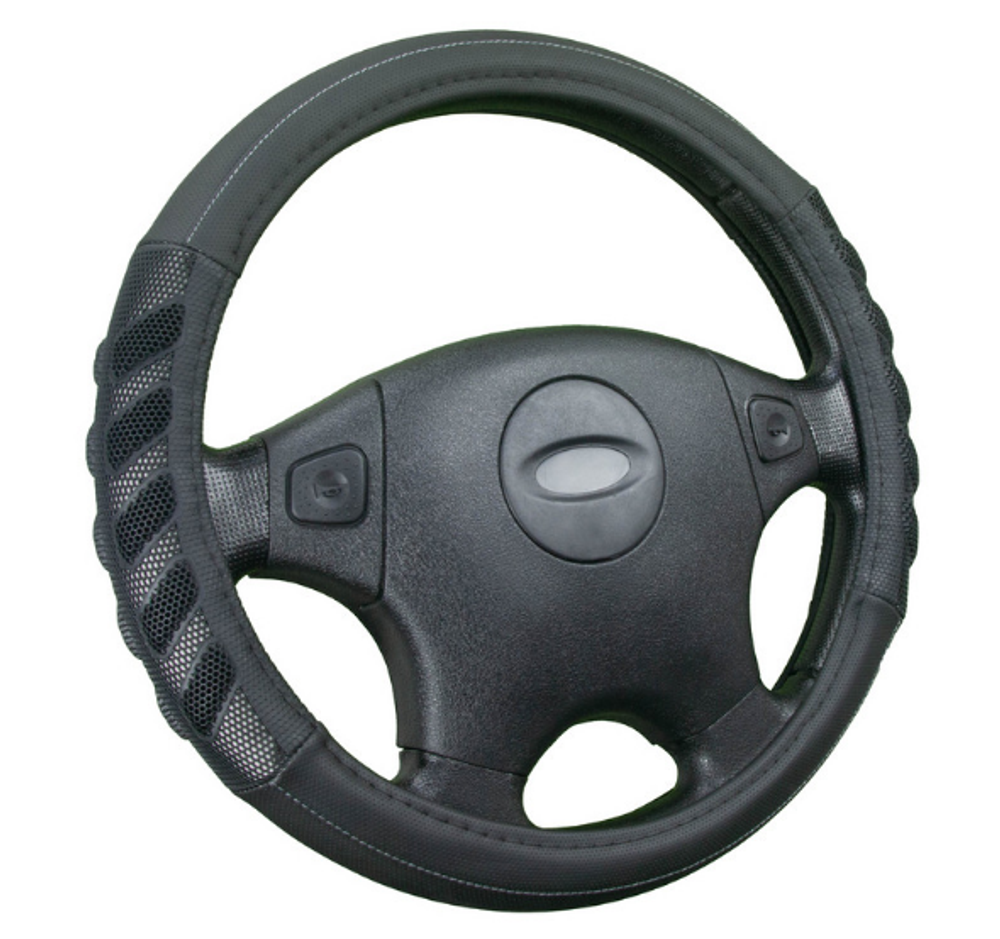 Оплетка на руль круглая CarFashion -М- «GRID» 31547 - Экокожа - черный/серый Пористые рельефн встаки