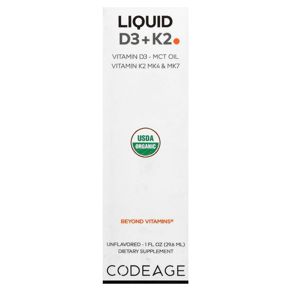 Codeage, жидкие витамины D3 и K2, без добавок, 29,6 мл (1 жидк. унция)