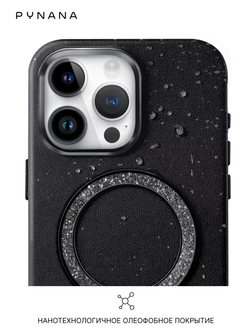 Чехол PYNANA для iPhone 15 PRO кожа, австрийский хрусталь, полуночно-черный