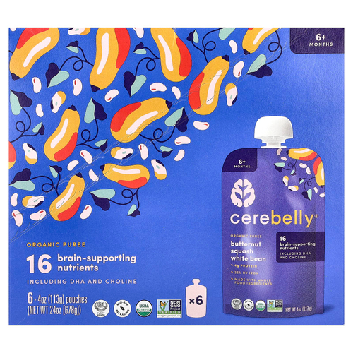 Cerebelly, органическое пюре, для детей от 6 месяцев, мускатная тыква, белая фасоль, 6 паучей по 113 г (4 унции)