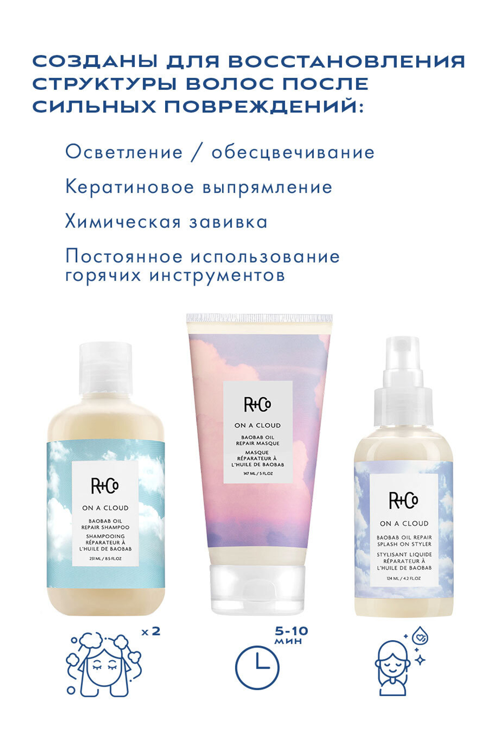 ON A CLOUD Baobab Oil Repair Splash On Styler / НА ОБЛАКЕ несмываемый уход для восстановления волос с маслом баобаба, 124 мл