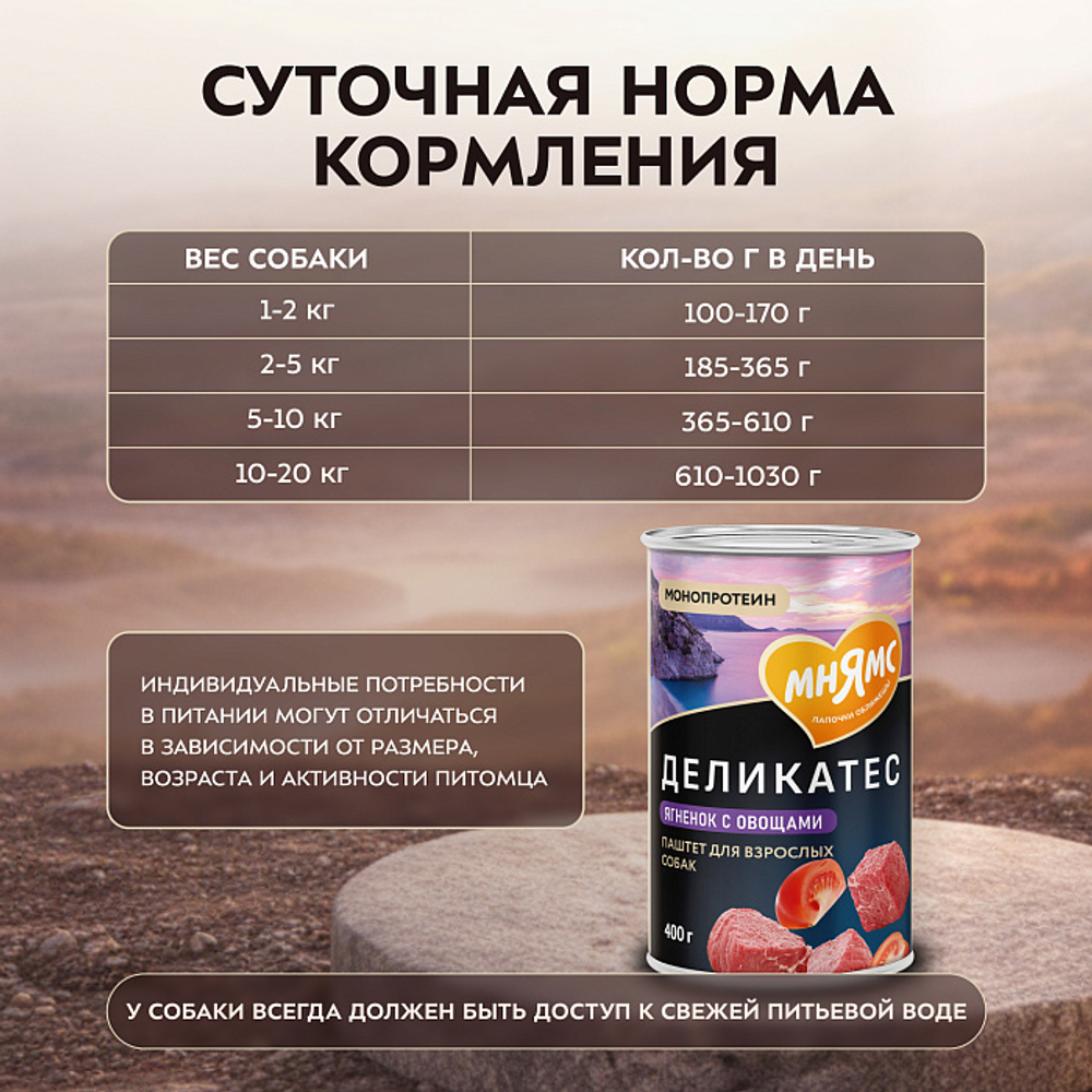Влажный корм консервы для собак всех пород Деликатес "Мусака по-ираклионски" паштет из ягненка с овощами Мнямс 0,4кг 12 шт