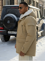 Парка мужская зимняя удлиненная с мехом горчичного цвета 8751G