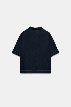 ZARA ТОП ИЗ ЛЬНА С КОНТРАСТНОЙ ОТДЕЛКОЙ, МОРСКОЙ СИНИЙ