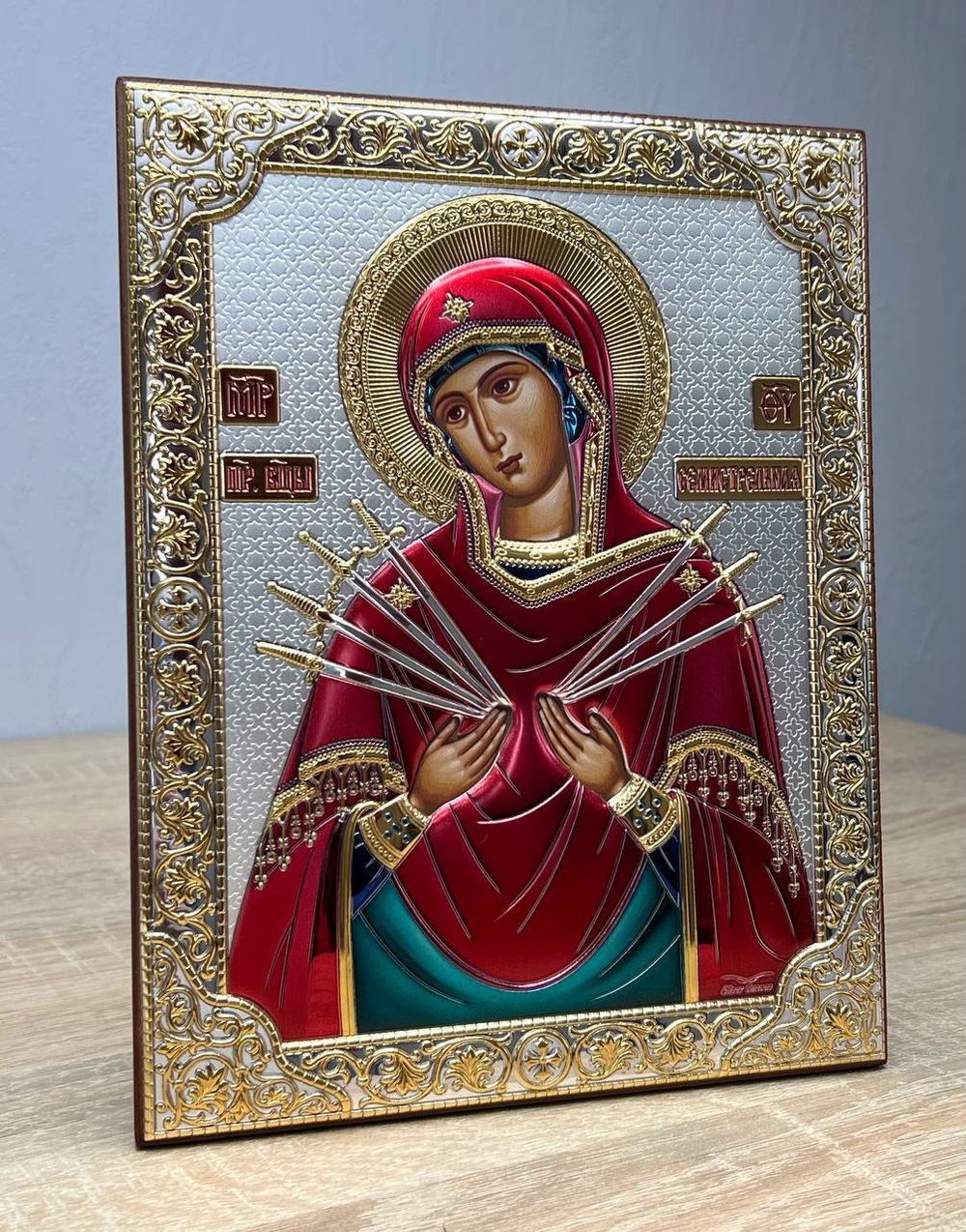 Семистрельная БМ, икона прямоугольная без рамки, красное дерево, эмаль 175х225