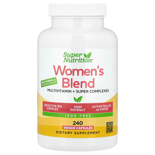 Super Nutrition, мультивитамины для женщин с комплексами супертрав и цветов, комплексом Super BlueGreen (сине-зелёные растительные ингредиенты) и комплексом Super Spice (специи), без железа, 240 растительных капсул