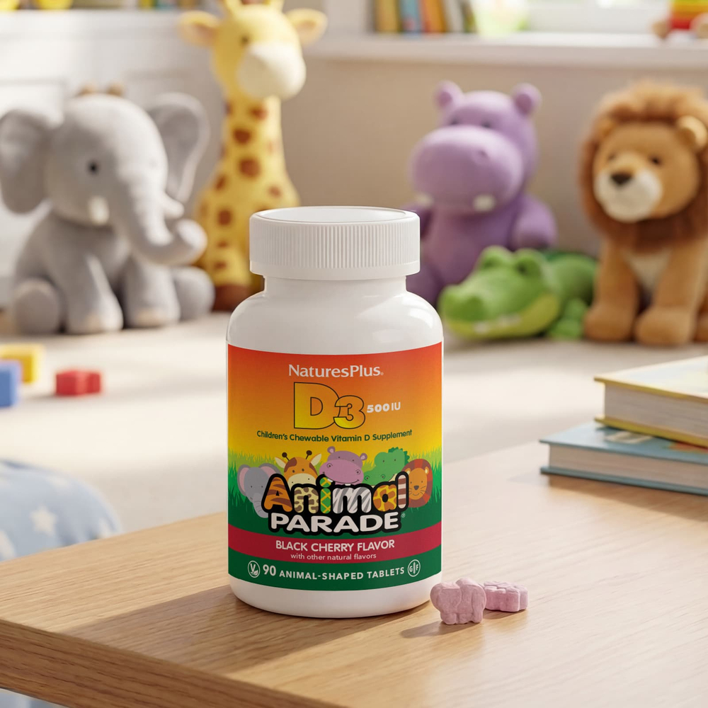 NaturesPlus, Animal Parade®, витамин D3, со вкусом черешни, 12,5 мкг (500 МЕ), 90 таблеток в форме животных