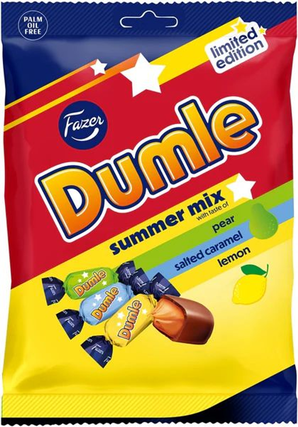 Конфеты шоколадные Fazer Dumle Summer mix ассорти (груша, соленая кармель, лимон),180 г