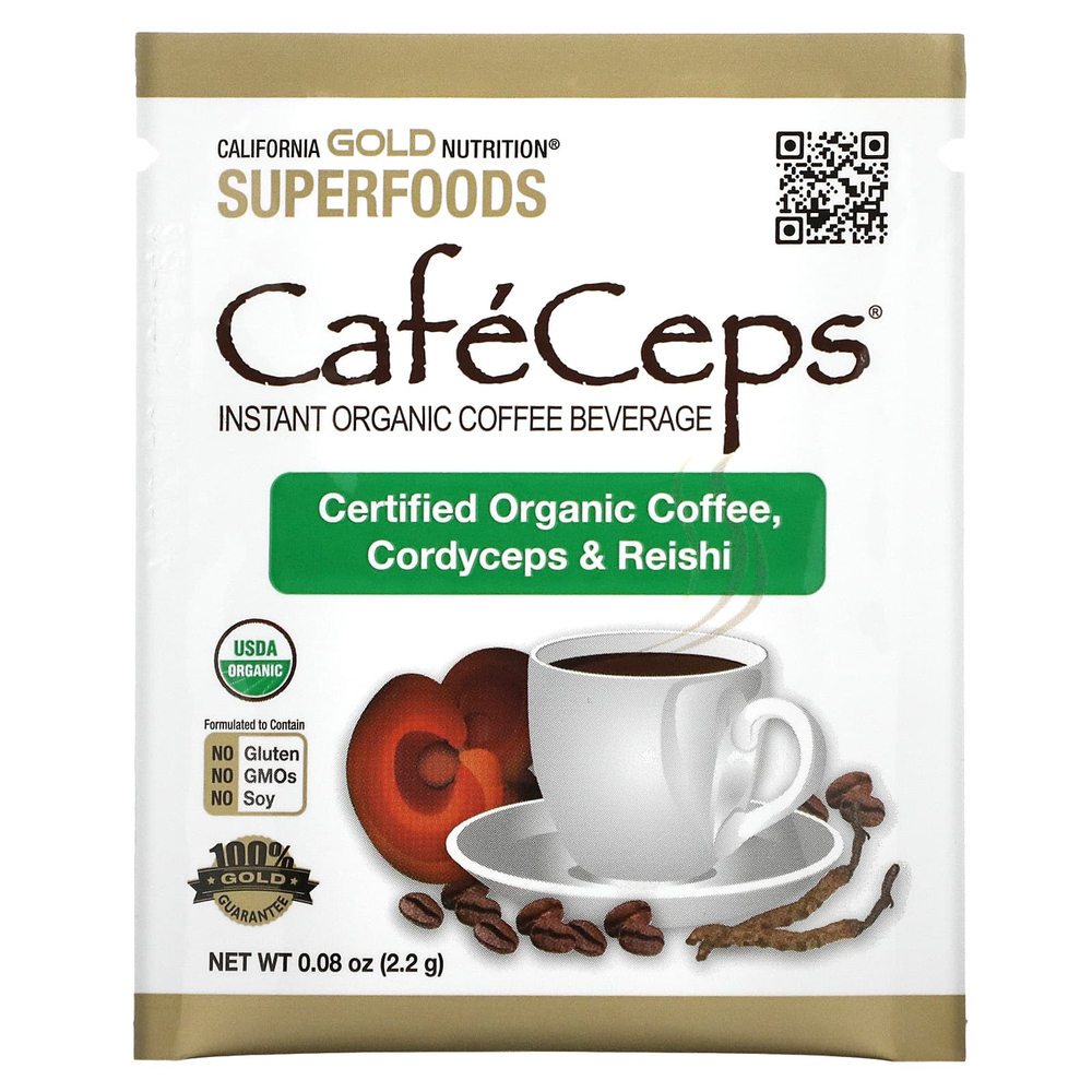 California Gold Nutrition, CafeCeps, сертифицированный органический растворимый кофе с порошком из грибов кордицепс и рейши, 30 пакетиков по 2,2 г (0,08 унции)