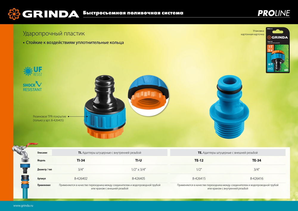 GRINDA TE-34, 3/4″, с внешней резьбой, штуцерный адаптер, PROLine (8-426416)