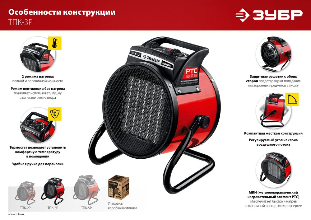 Пушка электрическая тепловая 3 кВт ЗУБР ТПК-3Р