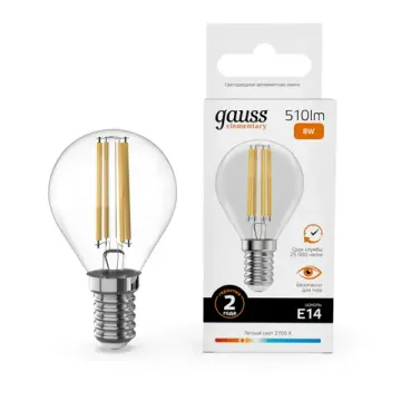 Лампа Шар 8W 510lm 2700К Е14 LED 52118 Filament Elementary Gauss