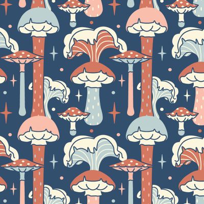 Веселые грибы. Растительный тёмный фон с грибами, поганками и мухоморами.