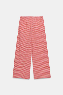 ZARA ШИРОКИЕ БРЮКИ В КЛЕТКУ ВИШИ, БЕЛЫЙ/КРАСНЫЙ