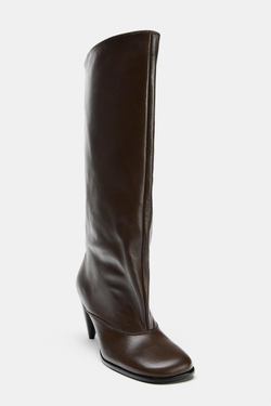 ZARA КОЖАНЫЕ САПОГИ НА КАБЛУКЕ, КОРИЧНЕВЫЙ