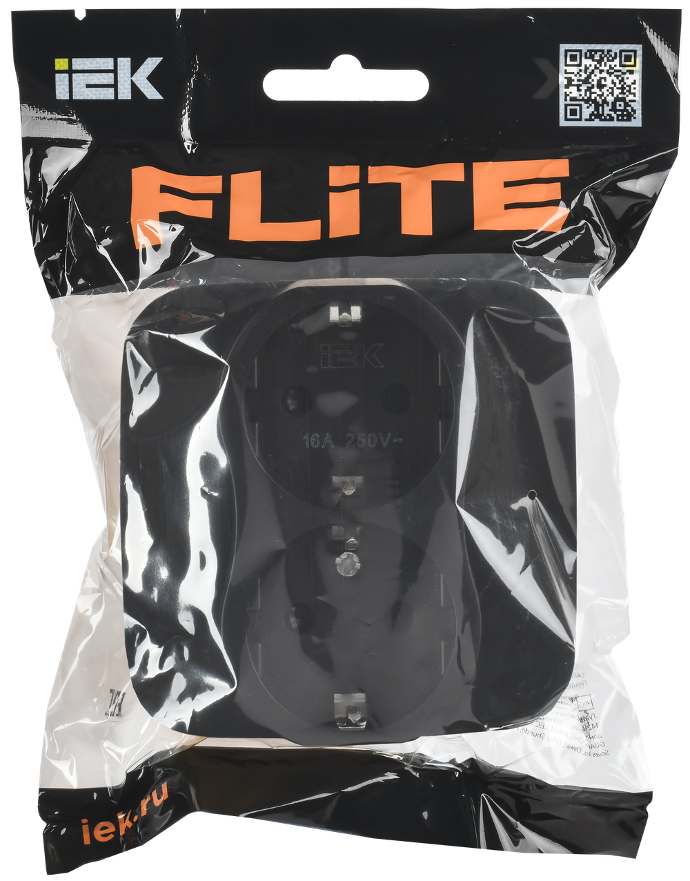 FLITE Розетка 2-местная с заземлением с защитными шторками безвинтовое крепление 16А РСш12-1-А-ФлЧ черный IEK
