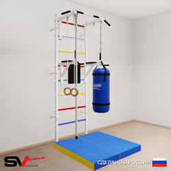 Шведская стенка Sv Sport усиленная 6747 (Турник стандарт/Брусья/Канат/Кольца/Цепь/Мешок 30кг/Мат 1м)