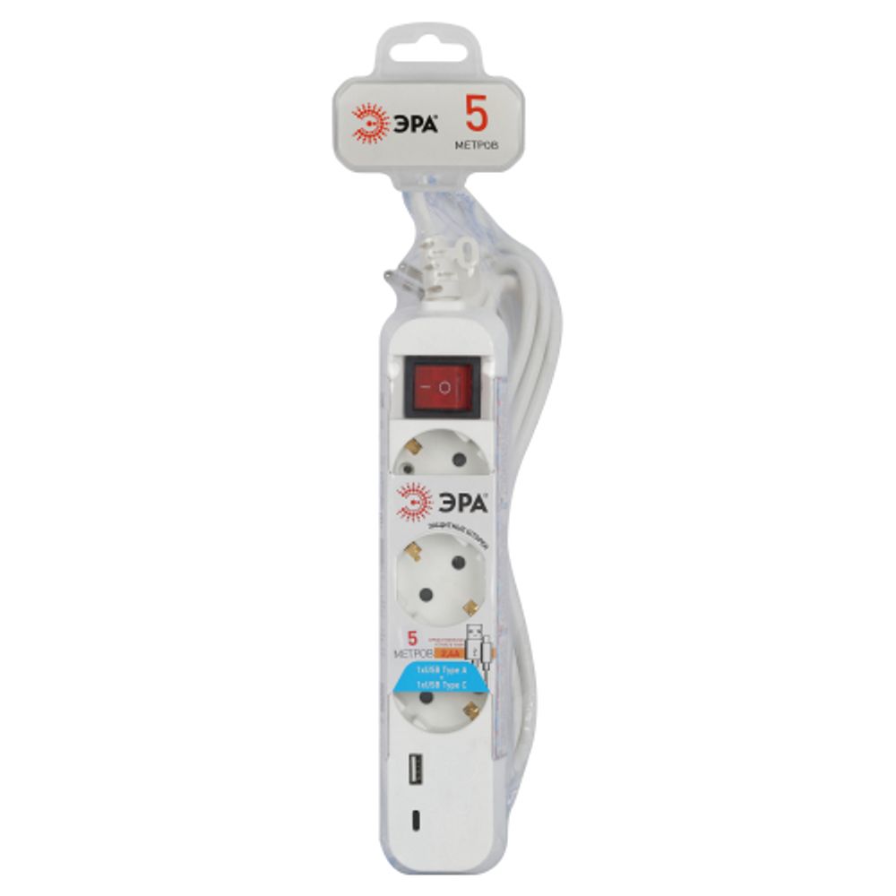 Удлинитель электрический ЭРА UB-3es-5m-USB c заземлением с выключателем 3 розетки + 1xUSBA+1xUSBC 5м 10А | Электротовары