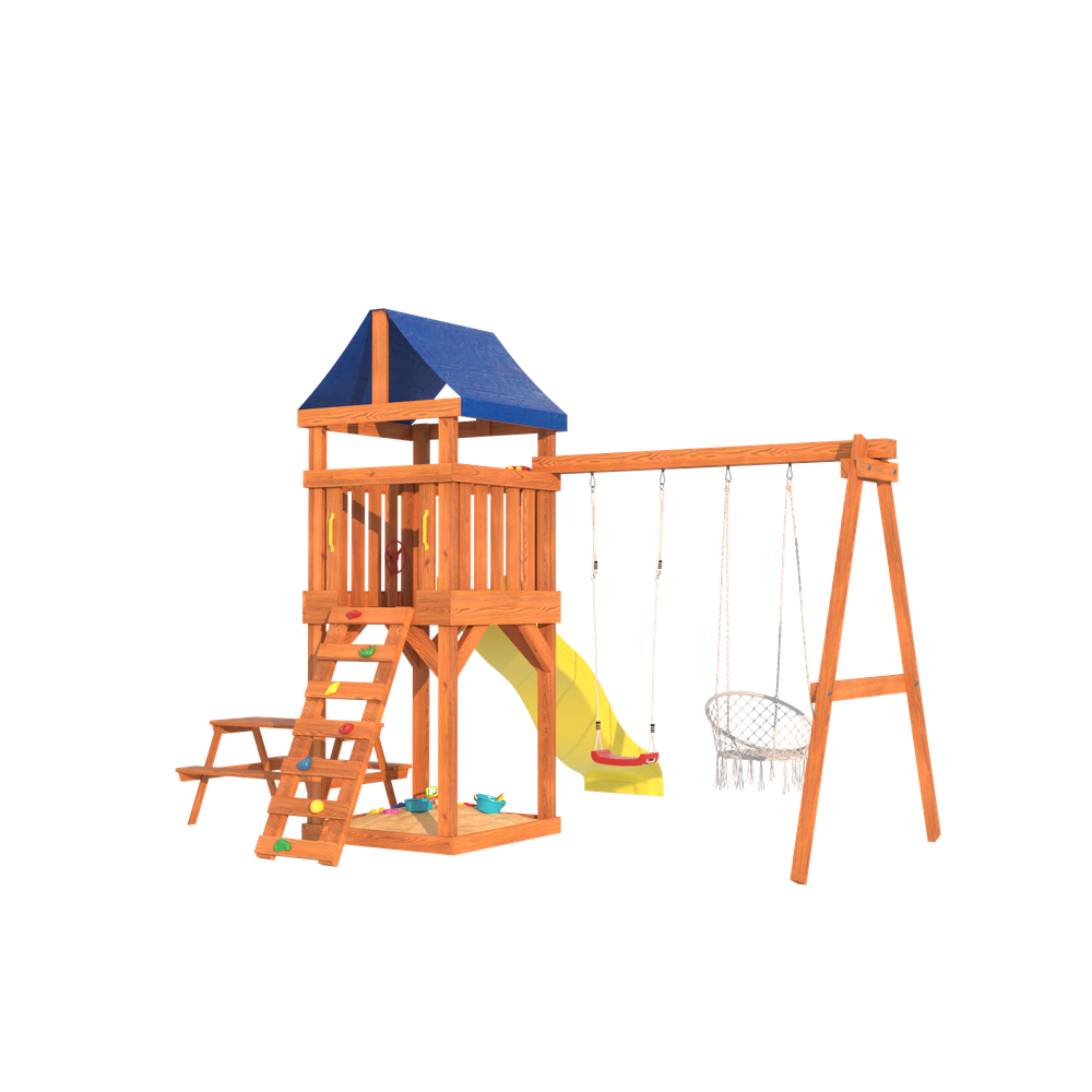 Детская площадка Fun Land с плетенным креслом, горкой и столиком со скамейками