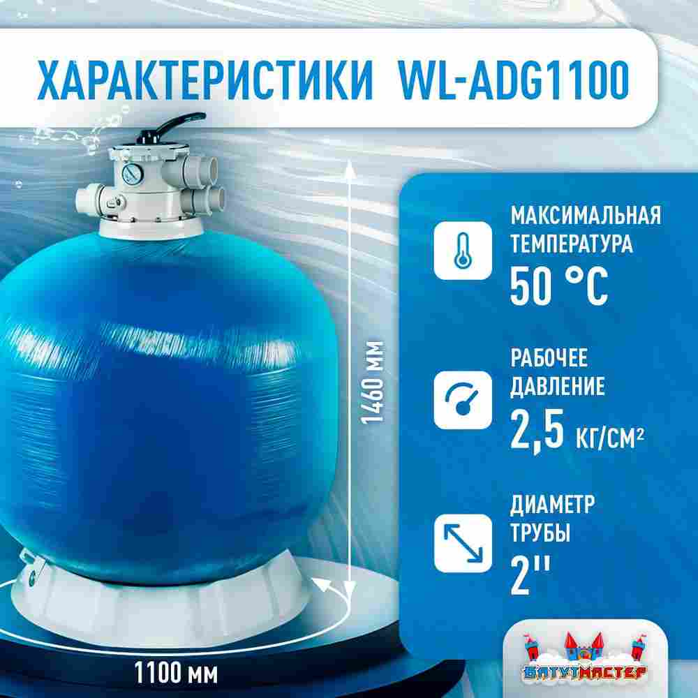 Песочный фильтр WL-ADG1100 для бассейна до 352 м³, до 800 кг песка, до 44000 л/ч