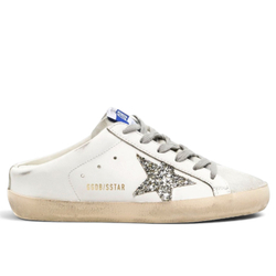 Women's Golden Goose Superstar Sabot with Platinum Glitter Star and Suede Tongue