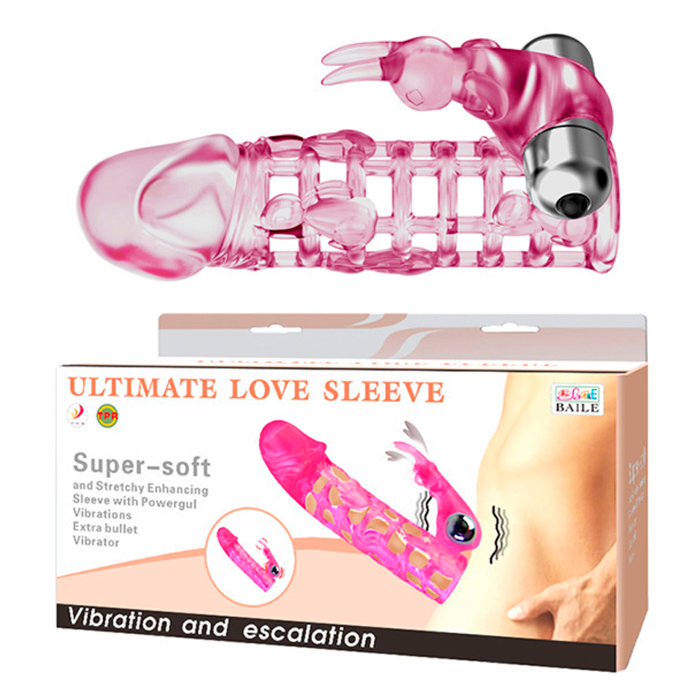 Розовая удлиняющая насадка 13см с вибрирующим стимулятором Baile Ultimate Love Steeve BI-026201