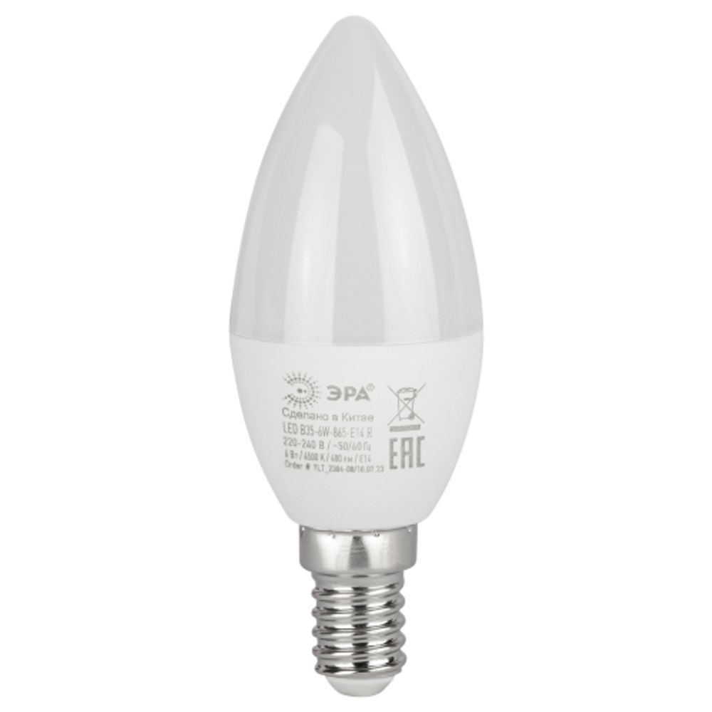 Лампа светодиодная ЭРА RED LINE LED B35-6W-865-E14 R 6Вт свеча холодный дневной свет Е14 | Лампы cветодиодные Свеча (B/C)