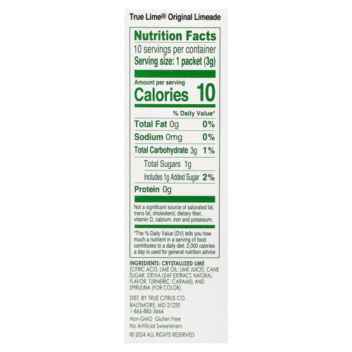 True Citrus, True Lime®, лаймад, оригинальный вкус, 10 пакетиков по 3 г (0,11 унции)