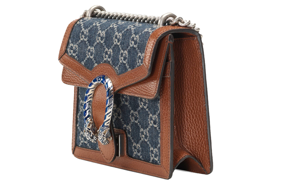 GUCCI Dionysus Denim With Leather Trim Crossbody Bag, Shoulder Bag Women"s Gray & Blue & Brown