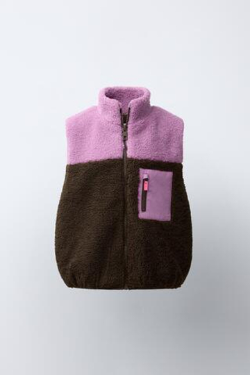 ZARA ЖИЛЕТ ИЗ ИСКУССТВЕННОЙ ОВЧИНЫ COLOR BLOCK, КОРИЧНЕВЫЙ