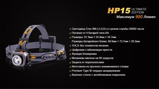 Налобный светодиодный фонарь Fenix HP15, UE CREE XM-L2 (U2) 900 лм