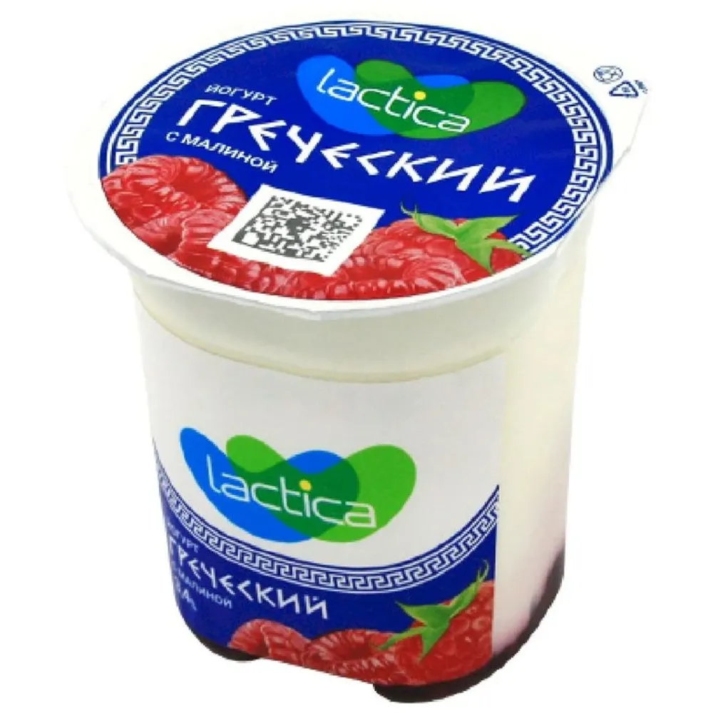 Йогурт двухслойный греческий с малиной 3,4% 120г тф-стакан "Lactica"