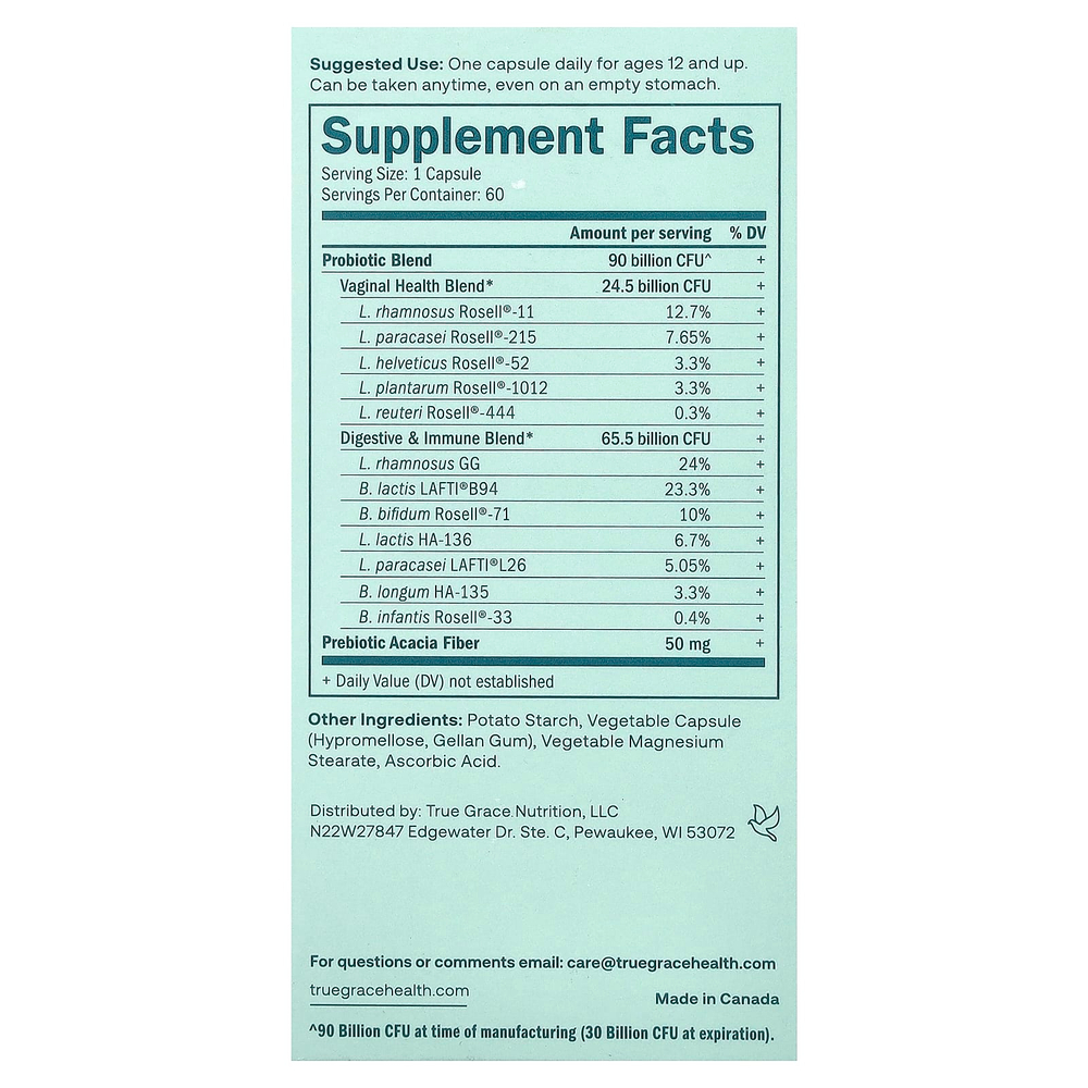 True Grace, One Daily Women's Probiotic, 90 Billion, 60 Vegetarian Capsules