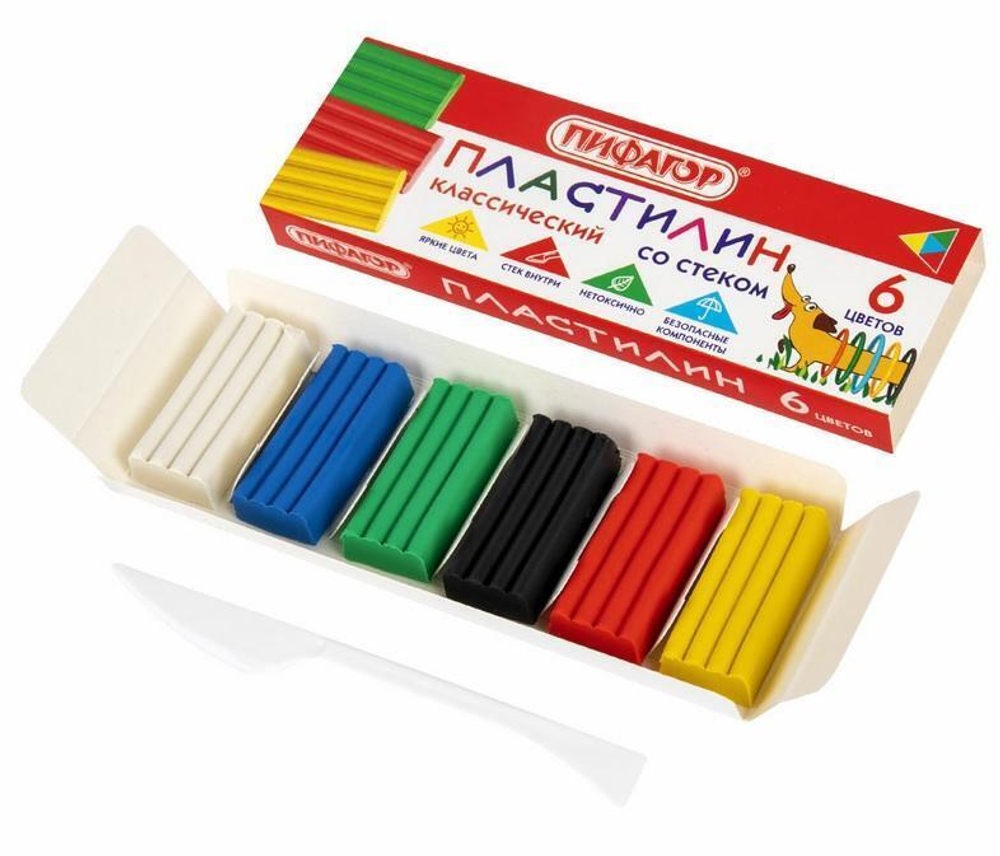 Пластилин классический 6 цветов 90г,со стеком "Веселая такса" (ПИФАГОР)