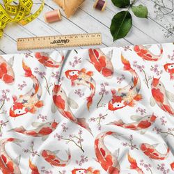 Ткань флис японские карпы с веточками цветов