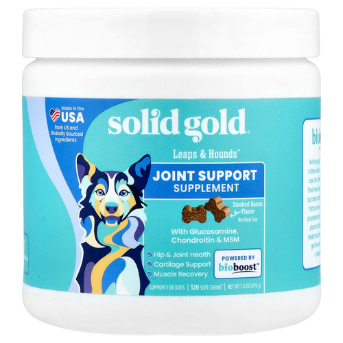 Solid Gold, Leaps & Hounds™, добавка для поддержки суставов, для собак, копченый бекон, 120 жевательных таблеток, 216 г (7,6 унции)