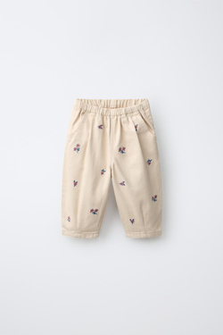 ZARA БРЮКИ BAGGY ИЗ ТВИЛА С ВЫШИВКОЙ, ЭКРЮ