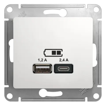 GLOSSA USB РОЗЕТКА А+С, 5В/2,4А, 2х5В/1,2А, механизм, БЕЛЫЙ