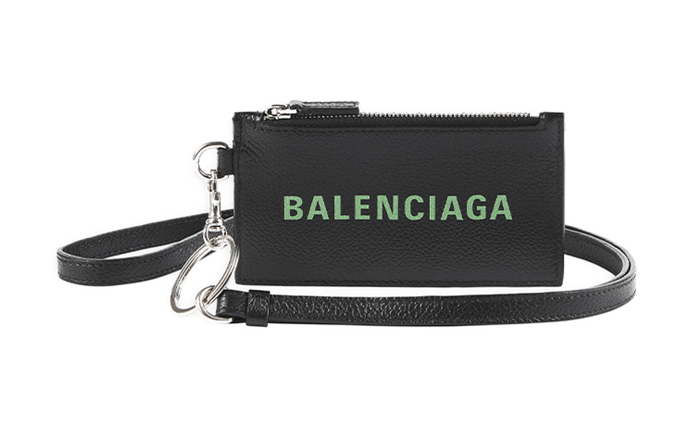 Balenciaga Cash Cow Leather Key Ring Card Pouch Men"s Black/Neon Green