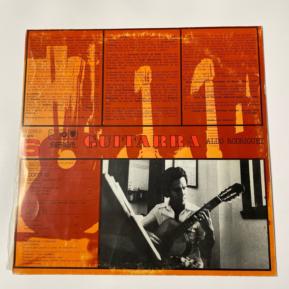 Винтажная виниловая пластинка LP Aldo Rodr guez, Guitarra Concierto Latinoamericano (Куба) Кубинская Гитара