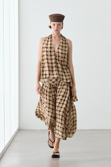 Massimo Dutti Струящаяся юбка миди в клетку, норка