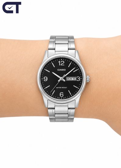 Casio LTP-V004D-1B2 General часы наручные женские — тонкая классика с чёрным циферблатом и стальным браслетом