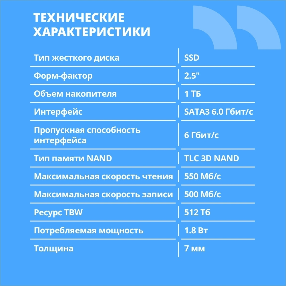 SSD диск CBR SSD-001TB-2.5-BS24b, Внутренний SSD-накопитель, серия "Base", 1024 GB, 2.5", SATA III 6 Gbit / s, 3D TLC NAND, R / W speed up to 550 / 500 MB / s, TBW (TB) 512, OEM